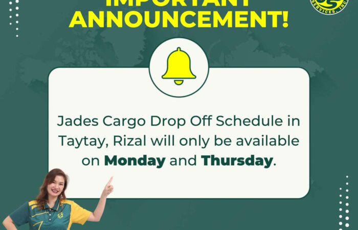 ANNOUNCEMENT: Jades Cargo Taytay, Rizal drop-off schedule will now be available …