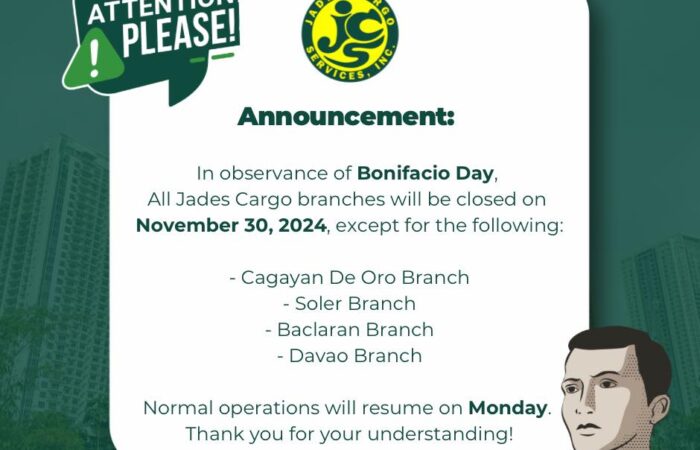 Announcement: Bonifacio Day Holiday 

In observance of Bonifacio Day, all Jades …