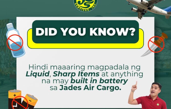 Ka-Jades! Did you know? 

Hindi maaaring magpadala ng Liquid, Sharp Items at any…