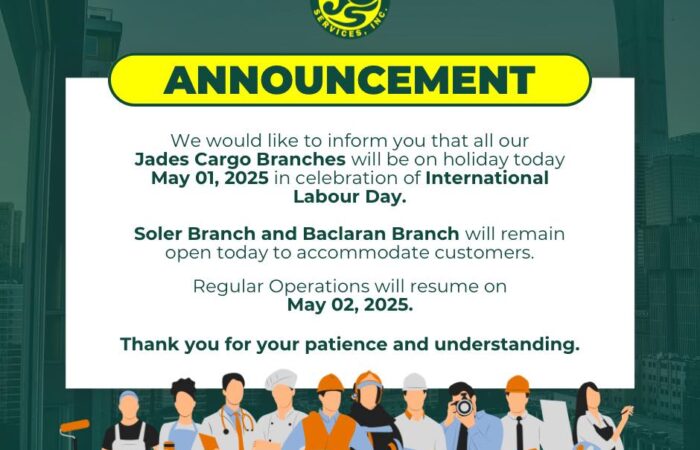In celebration of International Labour Day, all Jades Cargo branches are closed …