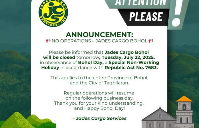 ANNOUNCEMENT: NO OPERATIONS – JADES CARGO BOHOL 

Please be informed that Jades…